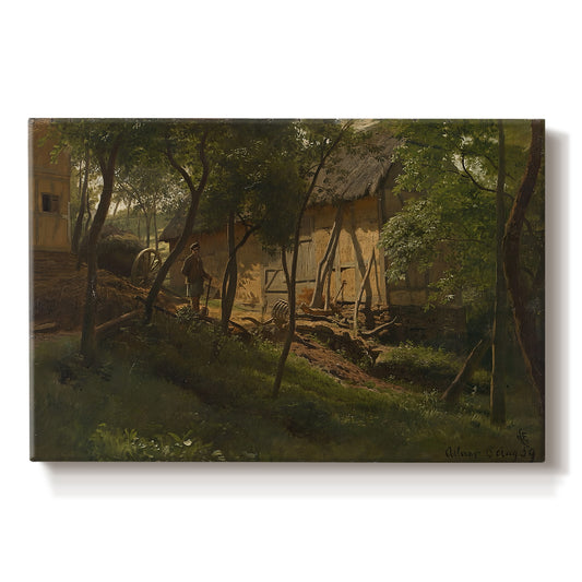 Canvas art print portraying rustic farm buildings surrounded by trees and rural landscape, set against a white background
