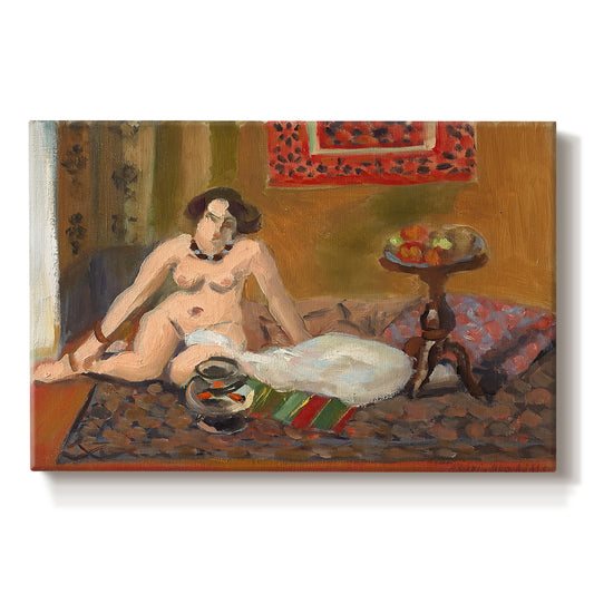Canvas art print portraying a reclining nude figure beside bowl of goldfish in colorful interior, set against a white background