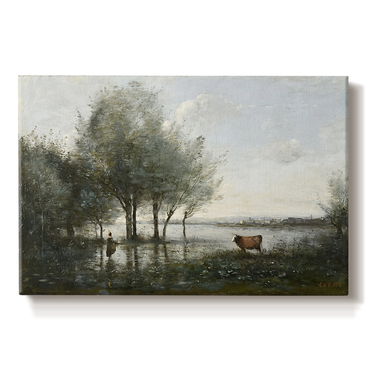Canvas art print portraying a marshy landscape with water, trees, and soft atmospheric light, set against a white background