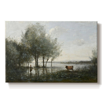 Canvas art print portraying a marshy landscape with water, trees, and soft atmospheric light, set against a white background
