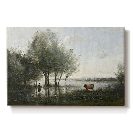 Canvas art print portraying a marshy landscape with water, trees, and soft atmospheric light, set against a white background