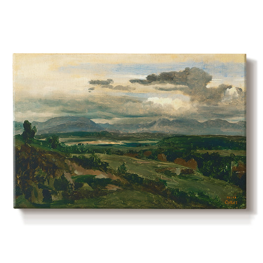 Canvas art print portraying a town set within landscape with cliffs and surrounding countryside, set against a white background