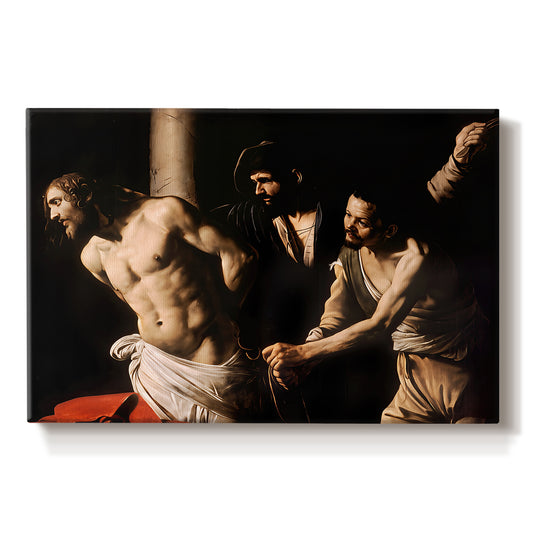 Canvas art print portraying Christ bound to column while being whipped by surrounding figures, set against a white background
