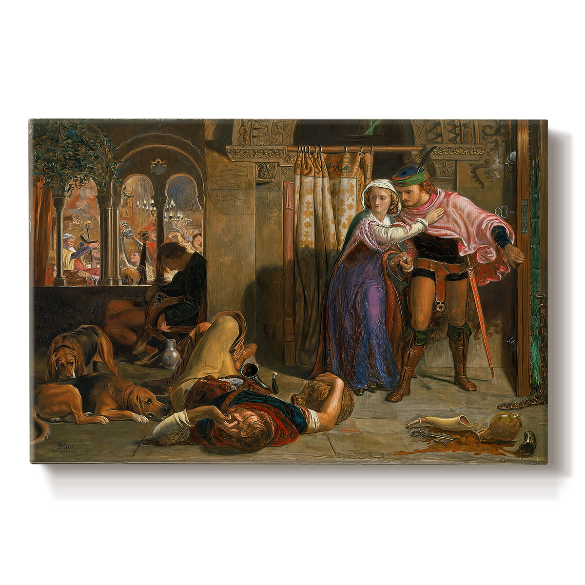 Canvas art print portraying a couple moving through dim interior space with draped fabrics and candlelight, set against a white background