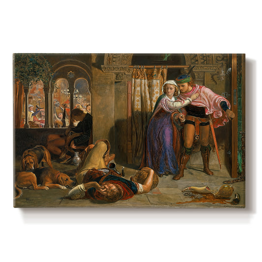 Canvas art print portraying a couple moving through dim interior space with draped fabrics and candlelight, set against a white background