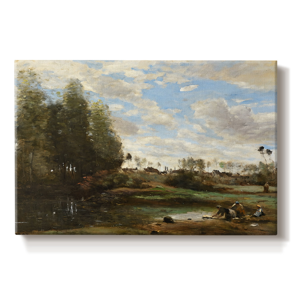 Canvas art print portraying figures washing clothes beside riverbank surrounded by trees, set against a white background