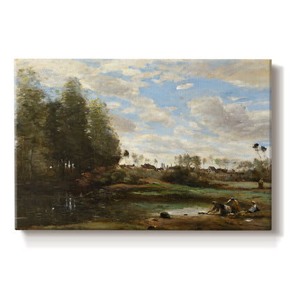 Canvas art print portraying figures washing clothes beside riverbank surrounded by trees, set against a white background