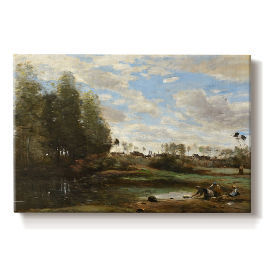 Canvas art print portraying figures washing clothes beside riverbank surrounded by trees, set against a white background