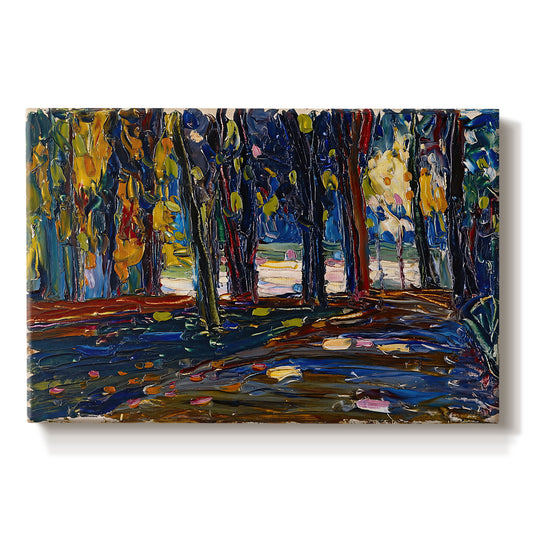 Canvas art print portraying an abstracted landscape with trees and foliage in warm autumn tones, set against a white background