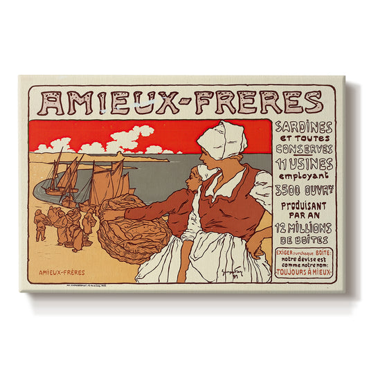 Canvas art print portraying a vintage Art Nouveau advertisement poster with illustrated figures and decorative typography, set against a white background