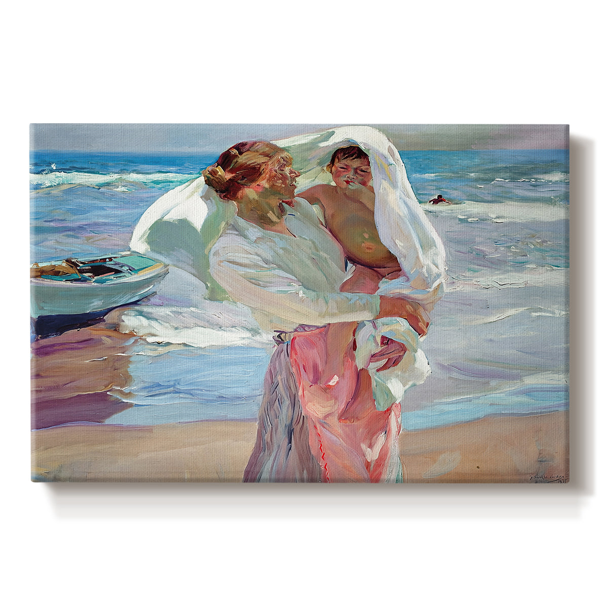 Canvas art print portraying figures standing on beach drying off after swimming in sunlight, set against a white background