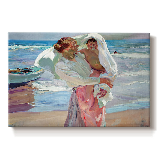 Canvas art print portraying figures standing on beach drying off after swimming in sunlight, set against a white background
