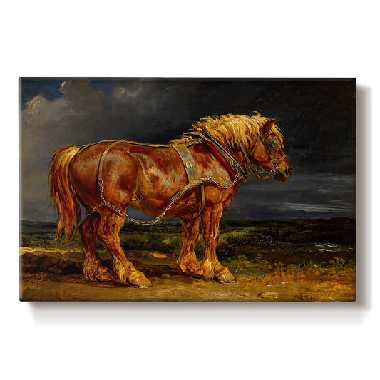 Canvas art print portraying a large shire horse standing prominently in wide open landscape, set against a white background