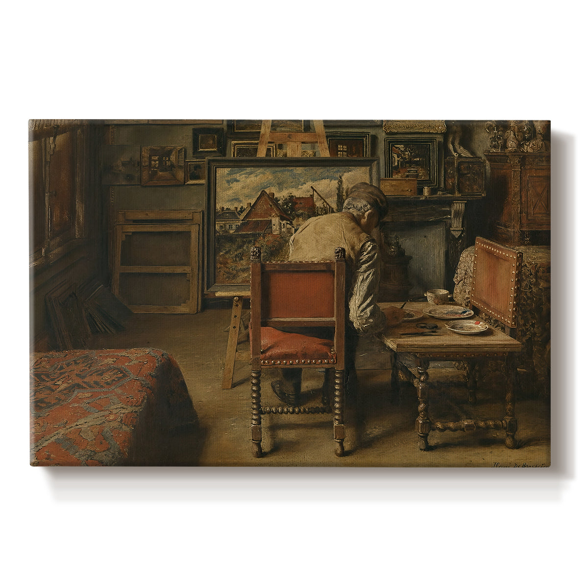 Canvas art print portraying a figure seated indoors carefully working on artwork at table, set against a white background