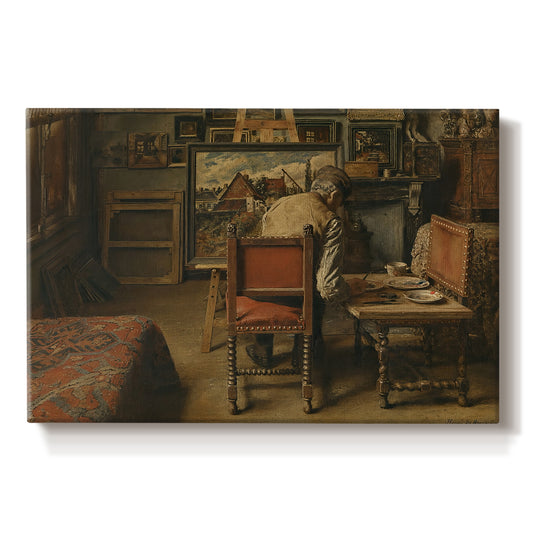Canvas art print portraying a figure seated indoors carefully working on artwork at table, set against a white background