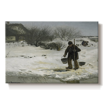 Canvas art print portraying figures walking along snowy path in winter landscape with wind and cold atmosphere, set against a white background