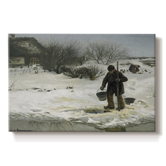 Canvas art print portraying figures walking along snowy path in winter landscape with wind and cold atmosphere, set against a white background