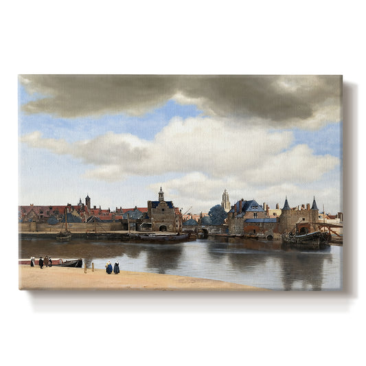 Canvas art print portraying a cityscape of Delft with buildings reflected in calm water, set against a white background