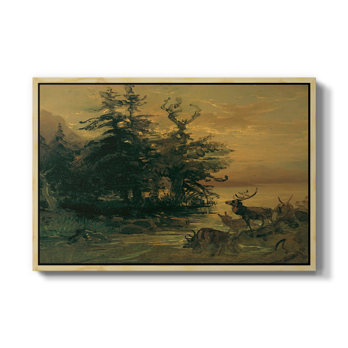 Wallowing Deer on the Shore of a Mountain Lake, c. 1850 - Floater Framed Canvas Print