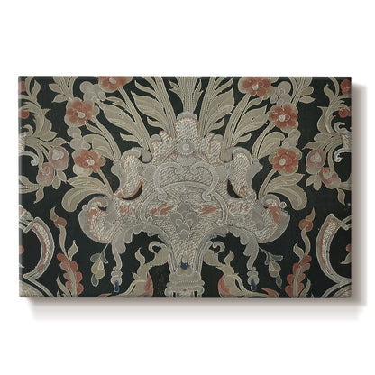 Canvas art print portraying a dense repeating pattern with animals, plants, and decorative elements across fabric, set against a white background