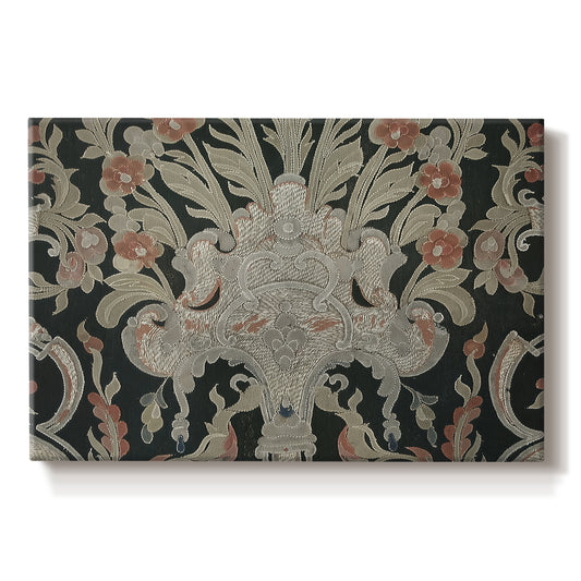 Canvas art print portraying a dense repeating pattern with animals, plants, and decorative elements across fabric, set against a white background