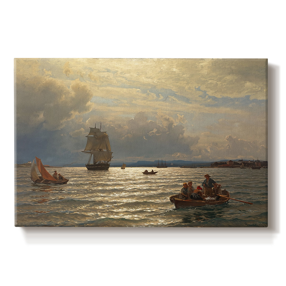 Canvas art print portraying a calm water inlet with boats and distant shoreline under soft light, set against a white background