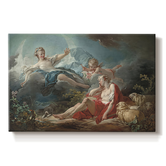 Canvas art print portraying a reclining male figure with female figure approaching in mythological landscape, set against a white background