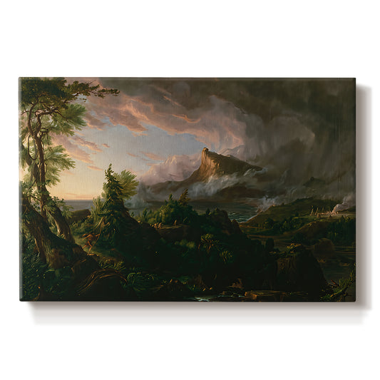 Canvas art print portraying an untamed wilderness landscape with scattered figures and primitive activity, set against a white background