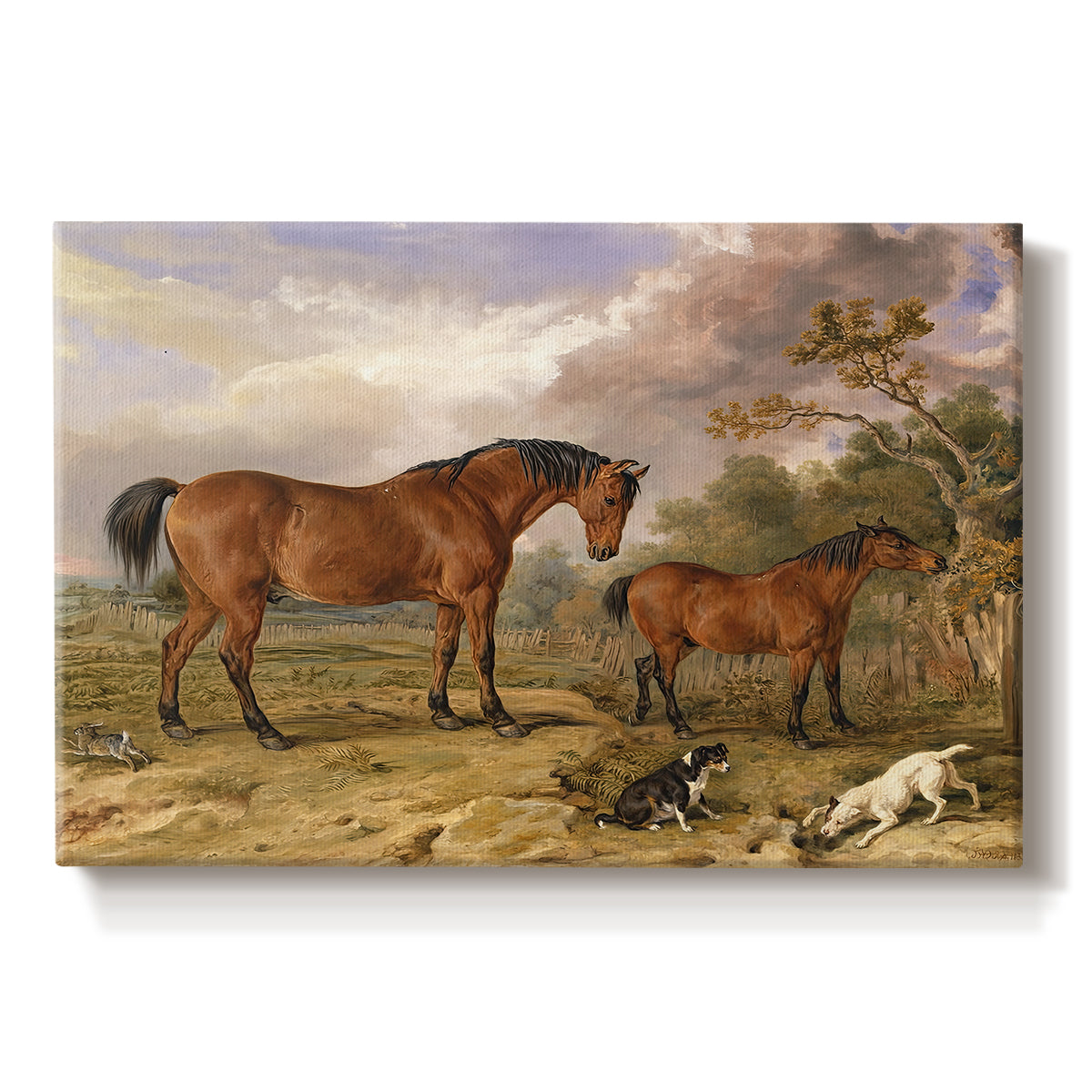 Canvas art print portraying a group of horses gathered together in landscape setting, set against a white background