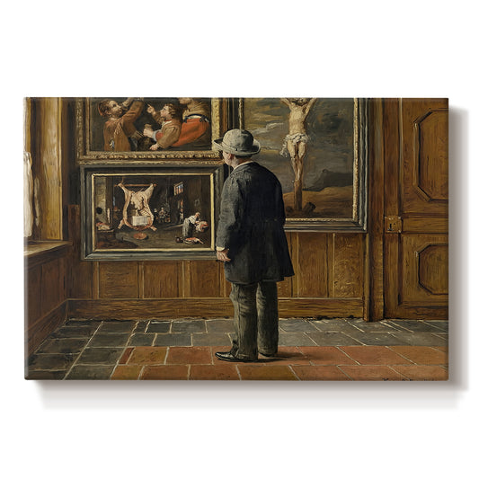 Canvas art print portraying a figure standing indoors closely examining framed artwork on wall, set against a white background