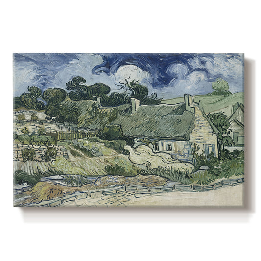 Canvas art print portraying a cluster of cottages with thatched roofs set within rural environment, set against a white background