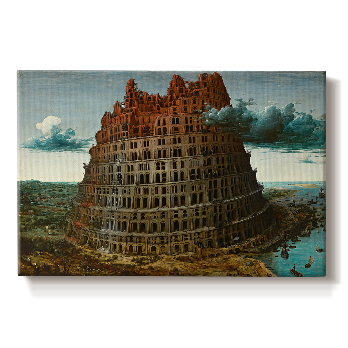 Canvas art print portraying a massive tower under construction rising above landscape, set against a white background