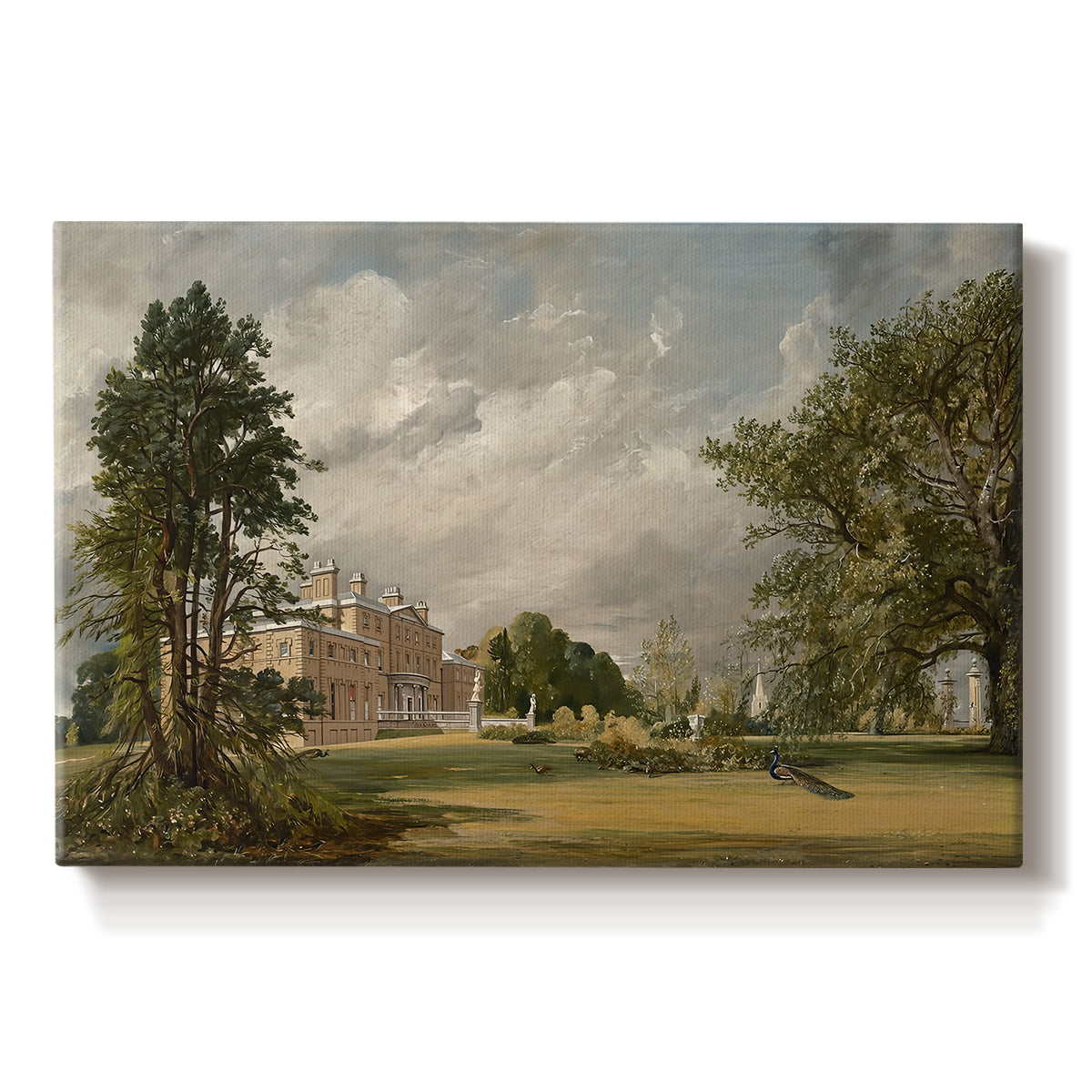 Canvas art print portraying a country house surrounded by trees in landscaped grounds, set against a white background