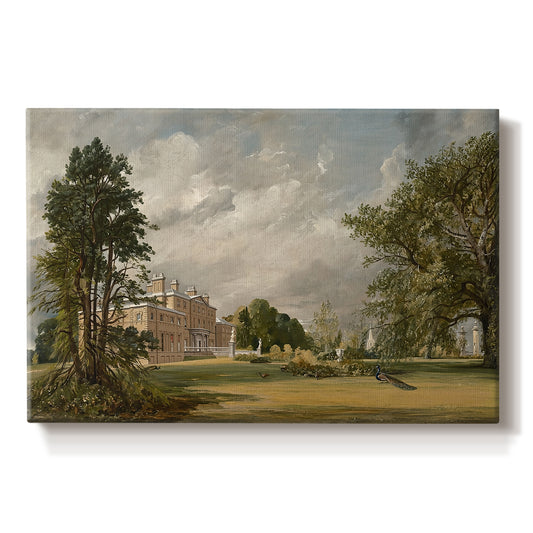 Canvas art print portraying a country house surrounded by trees in landscaped grounds, set against a white background