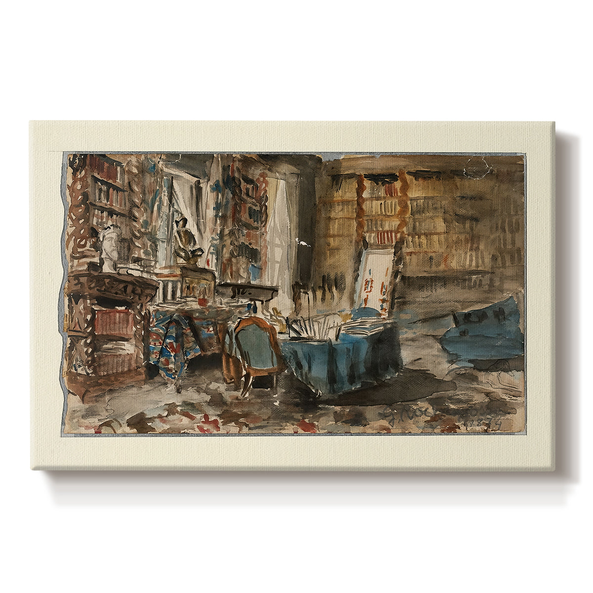 Canvas art print portraying a detailed interior study filled with books, furniture, and personal objects, set against a white background