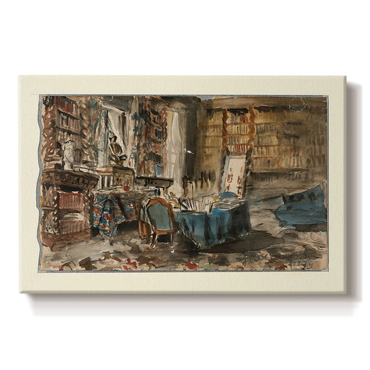 Canvas art print portraying a detailed interior study filled with books, furniture, and personal objects, set against a white background
