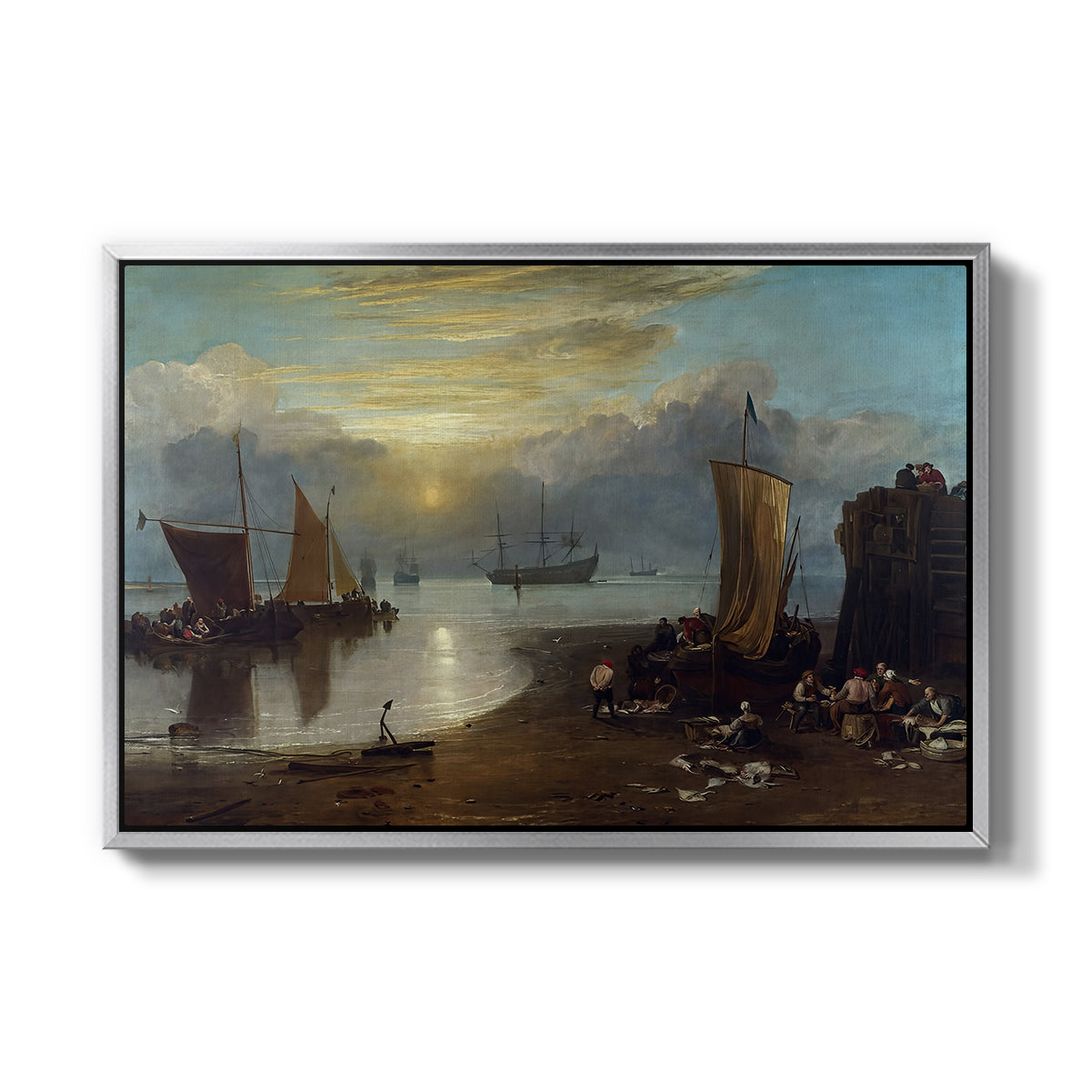 Sun Rising through Vapour: Fishermen Cleaning and Selling Fish, c. 1807 - Floater Framed Canvas Print