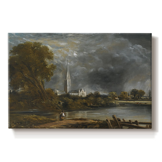 Canvas art print portraying a cathedral viewed across meadow with water, set against a white background