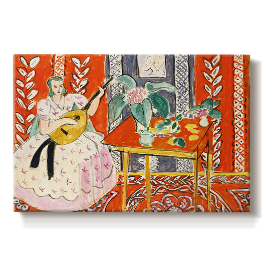 Canvas art print portraying a seated figure with a lute in a decorative interior, set against a white background