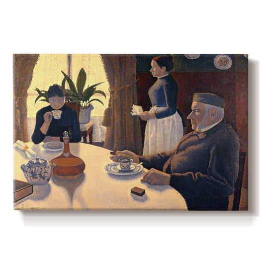 Canvas art print portraying figures seated around table in pointillist interior, set against a white background