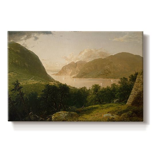 Canvas art print portraying a calm river landscape with trees and distant hills under soft light, set against a white background