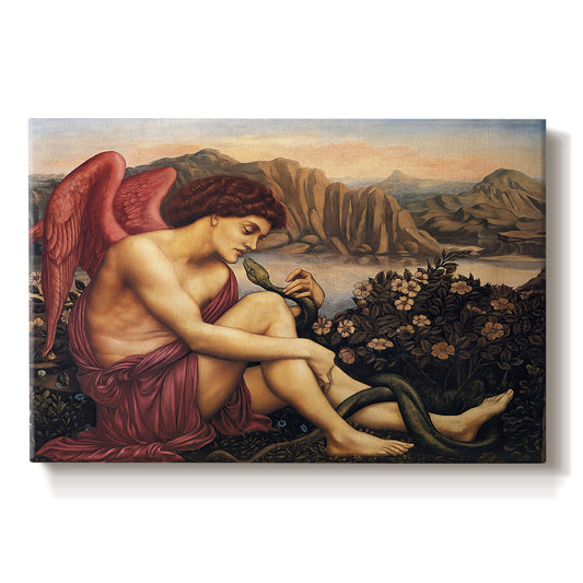 Canvas art print portraying an angelic figure confronting serpent in symbolic battle of good and evil, set against a white background
