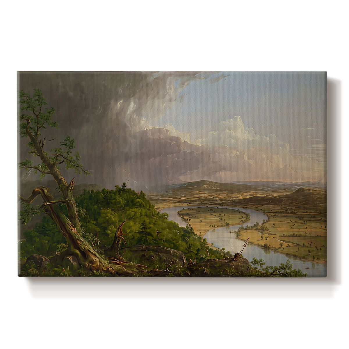 Canvas art print portraying a panoramic river landscape with contrast between stormy sky and calm farmland, set against a white background