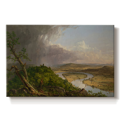 Canvas art print portraying a panoramic river landscape with contrast between stormy sky and calm farmland, set against a white background