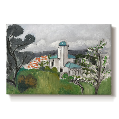 Canvas art print portraying a blue villa surrounded by trees and greenery in a bright landscape, set against a white background