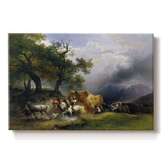 Canvas art print portraying a wagon loaded with hay moving through countryside, set against a white background