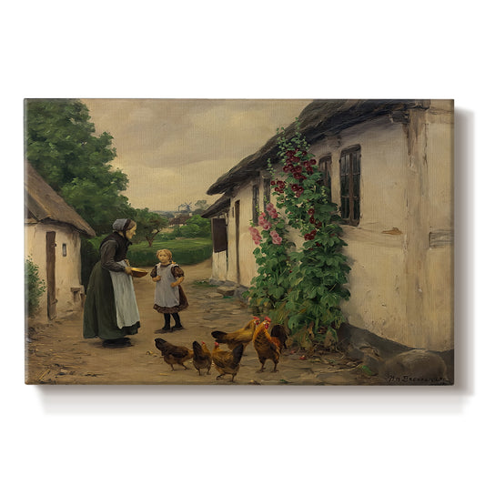Canvas art print portraying figures gathered outside farmhouse greeting one another in village setting, set against a white background