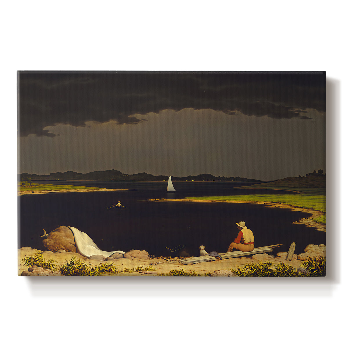 Canvas art print portraying dark storm clouds gathering over landscape horizon, set against a white background