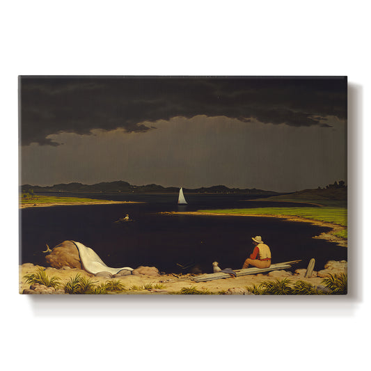 Canvas art print portraying dark storm clouds gathering over landscape horizon, set against a white background