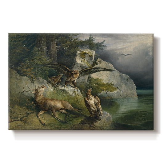 Canvas art print portraying eagles attacking stag near lake, set against a white background